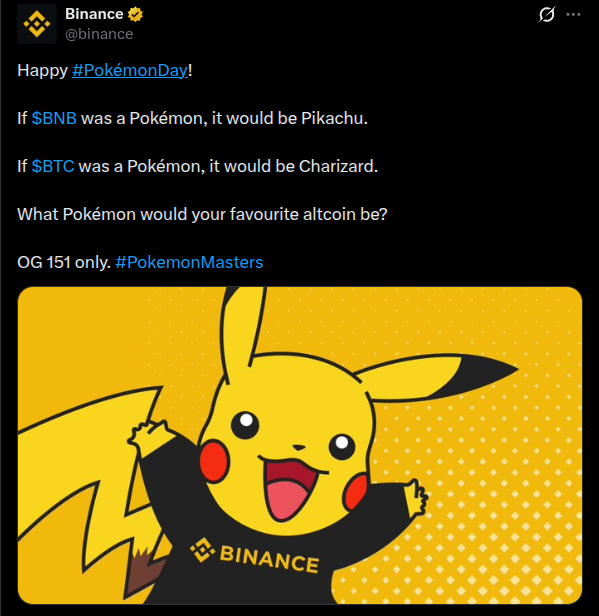 Historical Binance tweet referencing Pikachu and BNB